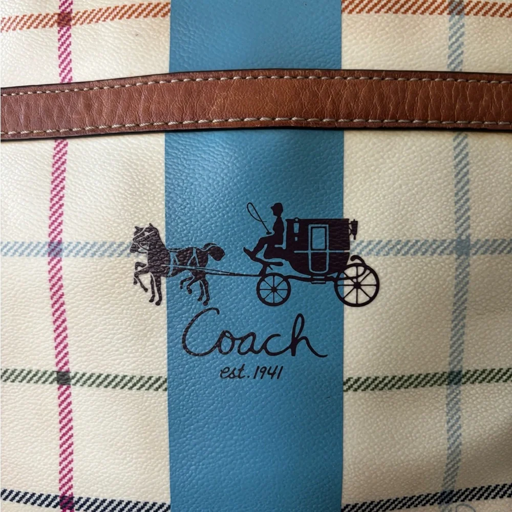 Coach Multicolor Plaid Tote with Blue Stripe - Picture 2 of 14